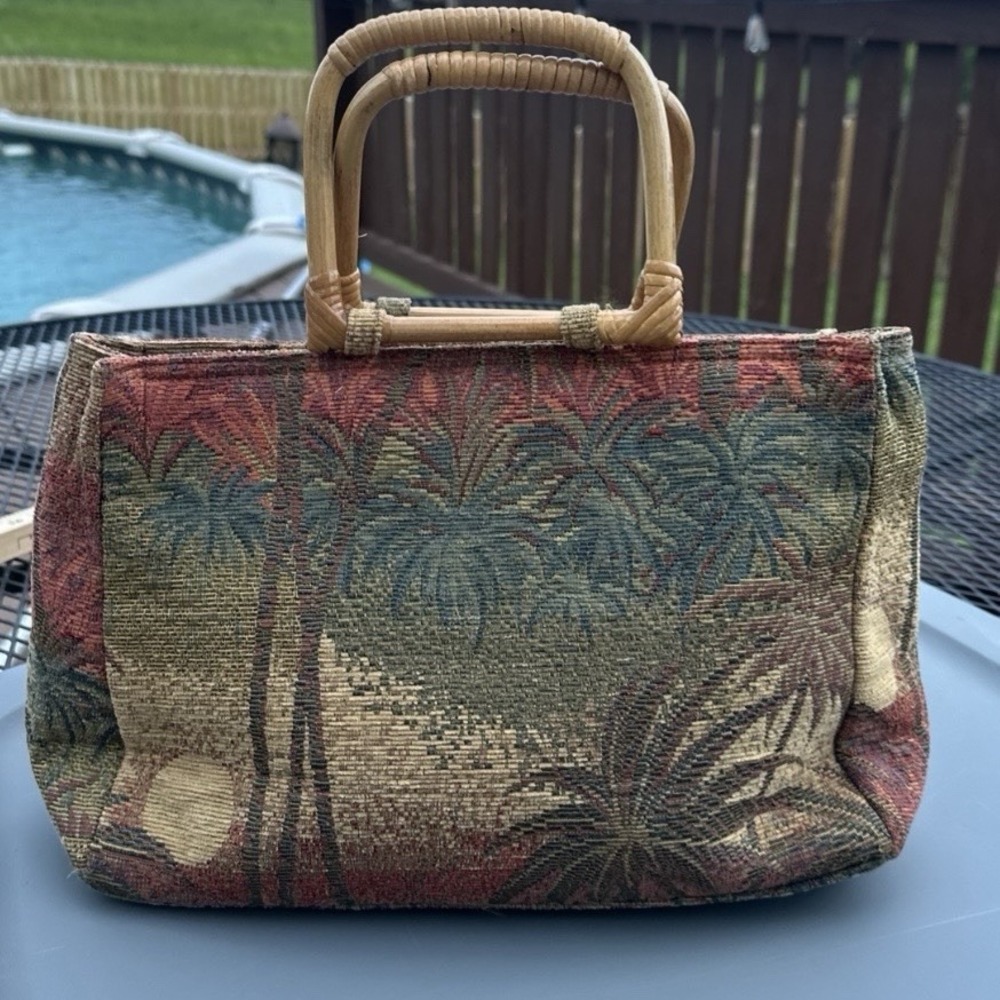 KULANUI Hawaiian Tapestry Wood Handle Tropical Purse Handbag